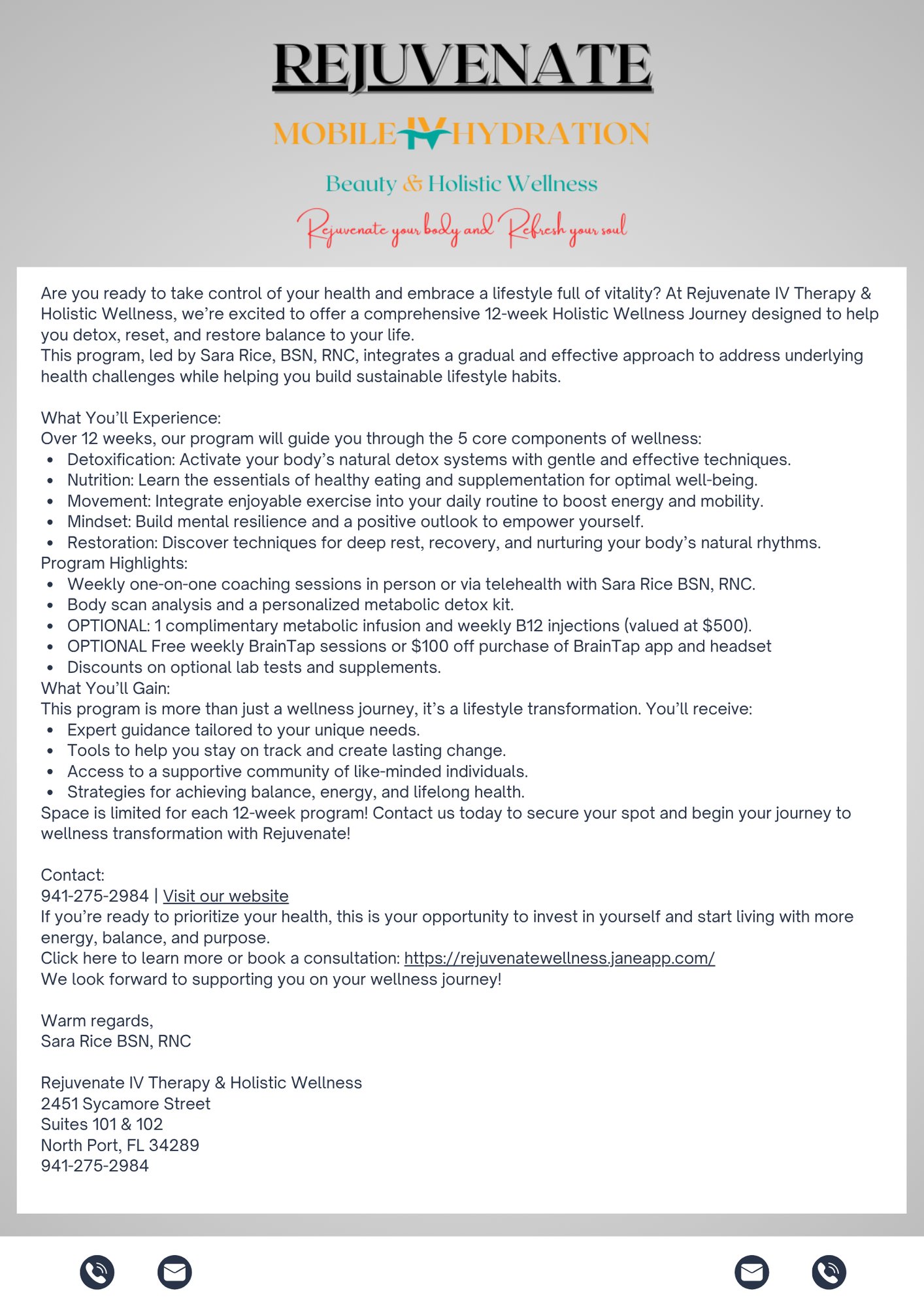 Are you ready to take control of your health and embrace a lifestyle full of vitality At Rejuvenate IV Therapy & Holistic Wellness, we’re excited to offer a comprehensive 12-week Holistic Wellness Are you ready to take control of your health and embrace a lifestyle full of vitality At Rejuvenate IV Therapy & Holistic Wellness, we’re excited to offer a comprehensive 12-week Holistic Wellness